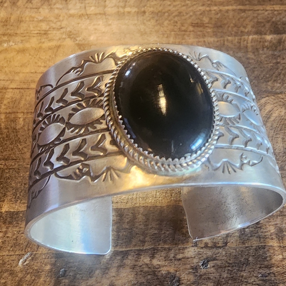SOLD Statement cuff bracelet with onyx cabachon.